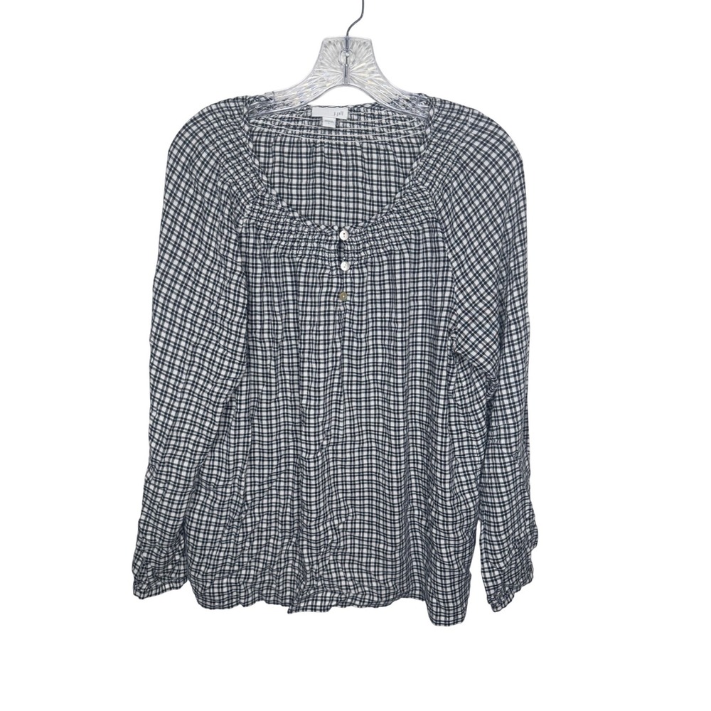 J.Jill Black White Plaid Smocked Neck Long Sleeve Blouse Women's Size L